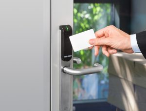 Web AA Aperio escutcheon premium white card background office.jpg Abloy’s Aperio E100 and SMARTair solutions achieve PAS 24 Certification